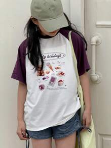 Dazy Kids Kaos Lengan Pendek Leher Bulat dengan Slogan dan Blok Warna untuk Remaja Perempuan, Musim Panas, Kembali ke Sekolah - Putih - View 7
