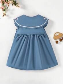 SHEIN Playful Pals 女婴幼儿优雅时尚刺绣彼得潘领无袖 A 字裙，适合春夏季外出、拍照、聚会、旅行或日常穿着 - 藍色 - 查看 2