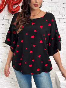 SHEIN CURVE+ CURVE PLUS /Valentine's Day/Plus Size Valentine's Day Cute Date & Party Red Heart Blouse, For Summer - Black - View 2