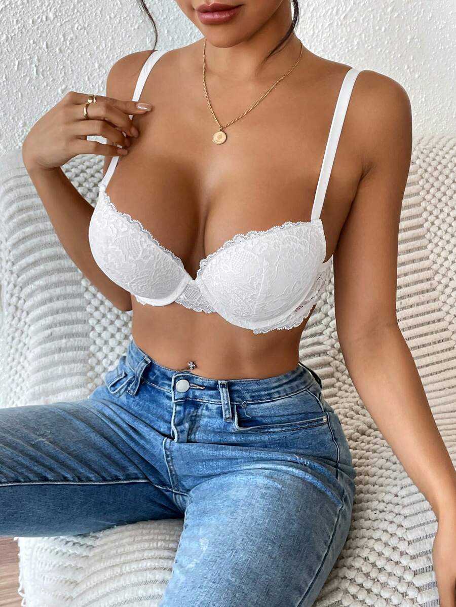 1 件女士蕾丝加垫聚拢文胸带钢圈，舒适且有支撑力的内衣 - 白色 - 查看 1