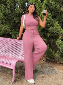 SHEIN EZwear Plus Size Textured Knit T-Shirt And Pants 2 Pieces Set With Drawstring, Casual