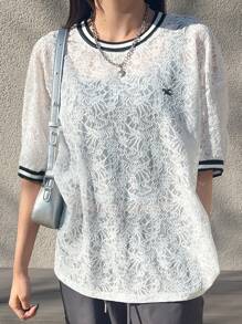 FRIFUL Women Loose Round Neck Color Block Print Blouse - White - View 6