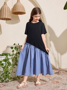 SHEIN Leap Crew Tween Girl Casual Holiday Color Blocking Round Neck Cap Sleeve Dress, Ramadan Dress - Black - View 4