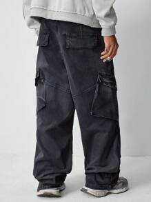 ROMWE MEN Street Life Men's Casual Washed Baggy Loose Straight Leg Cargo Jeans - Blue - View 3