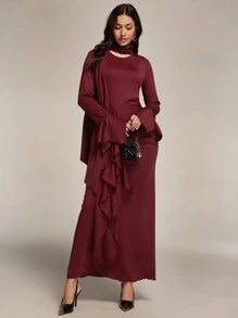 Modelyn 女士纯色圆领喇叭袖优雅长裙长款晚礼服 - 酒紅色 - 查看 1