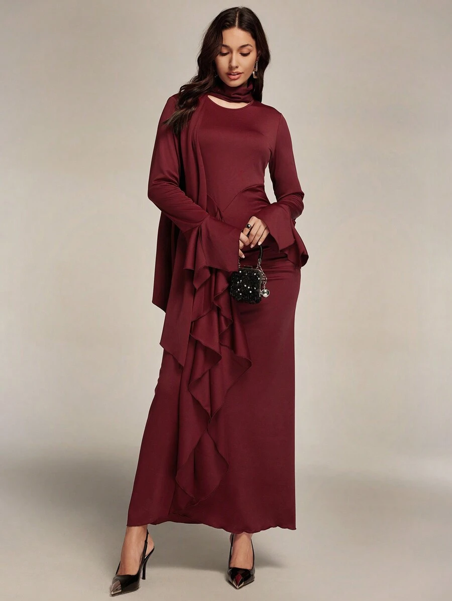 Modelyn 女士纯色圆领喇叭袖优雅长裙长款晚礼服 - 酒紅色 - 查看 1