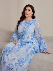 Graceveil Vestido modesto de talla grande con mangas abombadas, estampado floral de gasa y románico