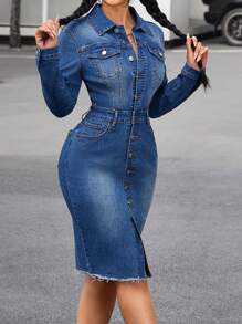 SHEIN PETITE Women's Casual Denim Dress, Minimalist Style For Everyday Wear - Blue - View 5