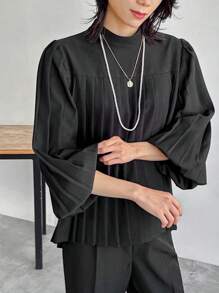 FRIFUL Women Solid Color Stand Collar Puff Sleeve Pleated Shirt & Pants 2Pcs Set Lounge Sets For Women - Black - View 6