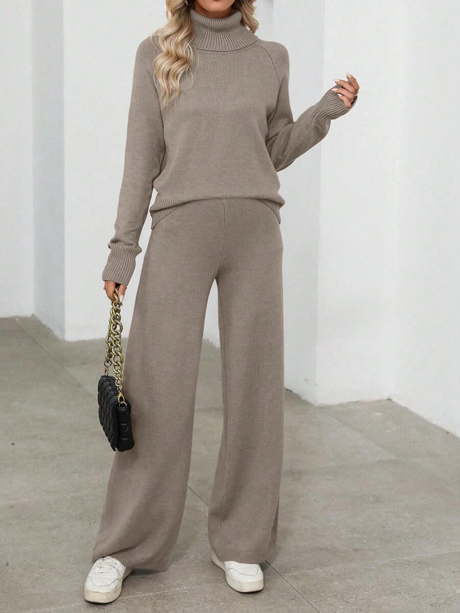EMERY ROSE 2pcs Women's Solid Color Turtleneck Long Sleeve Casual Sweater And Pants Set - Camel - View 1