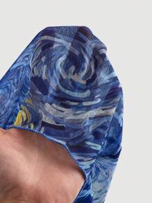 SHEIN MOD Women's Navy Blue Tie-Front Blouse, Flared Sleeve Layered Top With Van Gogh Starry Night Painting Print,Crop Tops