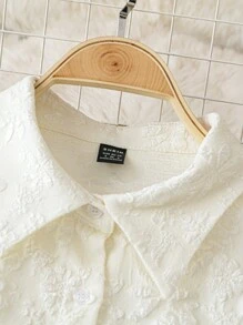 Chiquease Áo sơ mi nữ tay dài họa tiết hoa Jacquard thanh lịch ngắn, áo sơ mi nữ mùa thu - Màu be - Xem 4