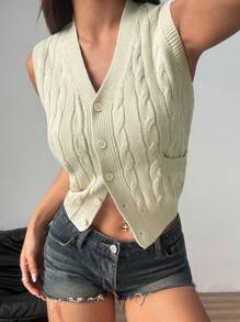 Flirla Spring/Summer Open Knit Vintage Cable Flattering Sleeveless Cardigan Sweater Vest - White - View 3