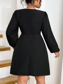 SHEIN LUNE Plus Size V-Neck Long Sleeve Light Formal Waist-Cinched Slim A-Line Dress - Black - View 2
