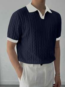 DAZY Men's Contrast Color Patchwork Knitted Sweater Top, Summer - Navy Blue - View 8