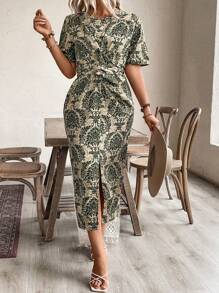 SHEIN Clasi Plus Size Women Twist Knot Plant Print Dress For Summer - Green - View 6