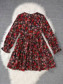 SHEIN Leap Crew Teen Girls' Colorful Ditsy Floral Ruffle A-Line Long Sleeve Babydoll Dress, Elegant Casual Vintage Dress - Multicolor - View 2