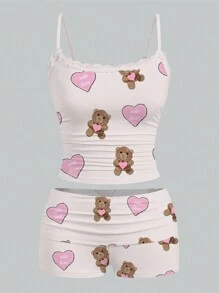 Gulsengunel Artist 2pcs Lace Cami Top & Ruched Shorts Set For Women, Summer, Holiday, New Year, Valentine's Day, Going Out - Baby Pink - View 1