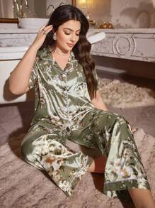 SHEIN MuseNap CURVE Plus Size Floral Printed Short Sleeve Top & Long Pants Pajama Set, Silk-Like - Multicolor - View 5