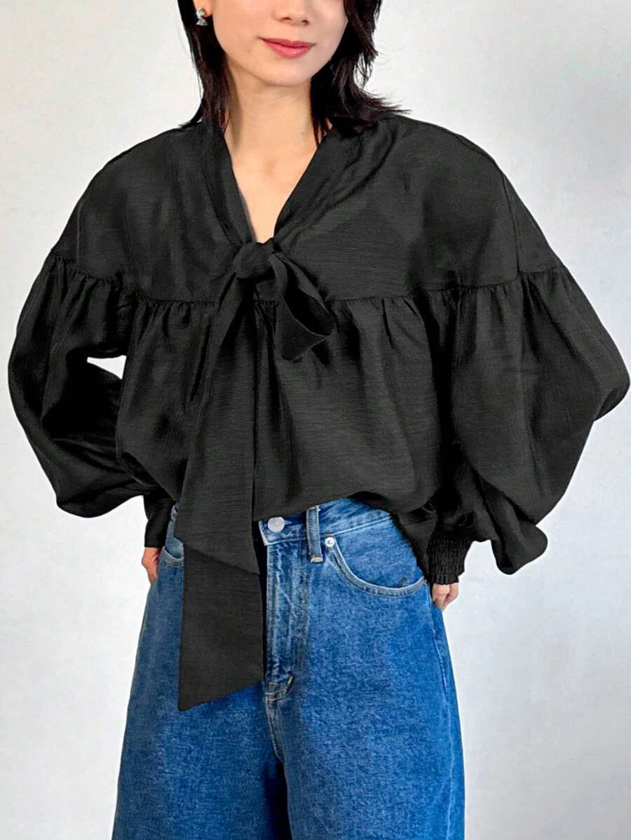 FRIFUL Women's Casual Bowknot Loose Blouse Long Sleeve Top