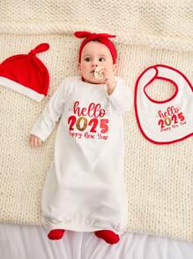 5pcs/Set Soft & Skin-Friendly Baby New Year 2025 Foil Print Set (Sleeping Bag + Hat + Headband + Bib + Socks) - Red and White - View 5