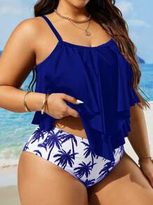 Swim Lushoire 2 pièces/set Femmes grandes tailles Maillot de bain de tankini à volants avec imprimé floral et bretelles spaghetti, pour l'été
