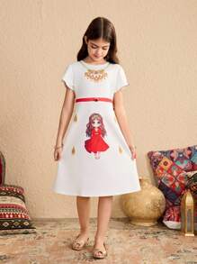 Tween Girl&Toddler Girls White Summer Cute Party Dress,Fashionable Ruffled Wave Hem Houndstooth Printed Sweet Patchwork Contrast Color Soft Fabric - White - View 6