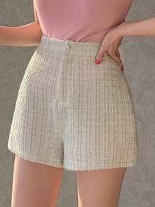 DAZY Women Textured Fabric Girls' Summer Shorts Plaid - Beige - View 4