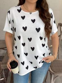 SHEIN LUNE 大码情人节休闲心形印花短袖 T 恤节日夏季波西米亚风复古风女士夏季服装春假狂欢服装节日春假服装