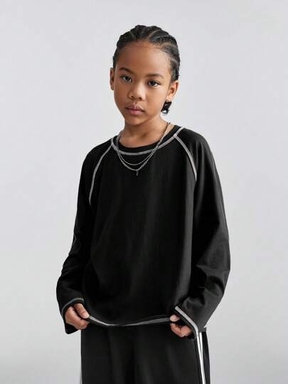 Coolane Kids Tops con mangas de uso diario cómodos para niñas preadolescentes en otoño/invierno con diseño de canalé de contraste en color marrón