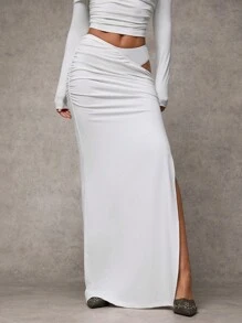 SHEIN BAE Women's Fashion Sexy Solid Color Hollow Out Side Slit Skirt - White - View 5