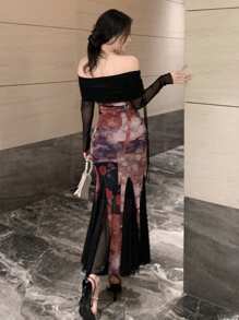 DAZY Vestido midi con estampado floral, panel de malla, hombros descubiertos, bajo de sirena para mujer, ideal para fiestas, citas, San Valentín, elegante, vestido de boda, vestido de otoño de manga larga, vestido de graduación - Negro - Ver 5