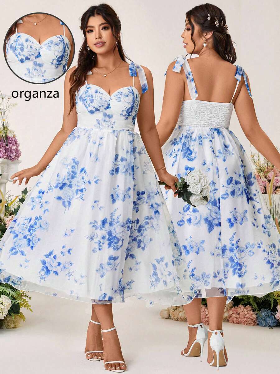 SHEIN Belle 大码女式优雅编织欧根纱衬里吊带背心系腰连衣裙，蓝色和白色 - 藍白色 - 查看 1