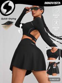 Innovista Women Activewear Sports Set,2pcs,Cropped Long Sleeve Hollow Out Sexy Gym Top & Skirts Shorts, Multi-Usephone Pockets High Waist Crossover Skirts,Tennis Skirts Set,Breathable Mesh Cut Out T-Shirts & Sweatshirts,Golf,Music Festival,Outdoor,Party,Dance,Autumn,Black,Valentine's Day,Sports Bra Quick-Drying, Utilitarian Chic - Black - View 5