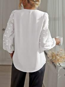 SHEIN PETITE Petite Women V-Neck Textured Fabric Patchwork Chiffon Short Sleeve Shirt - White - View 2