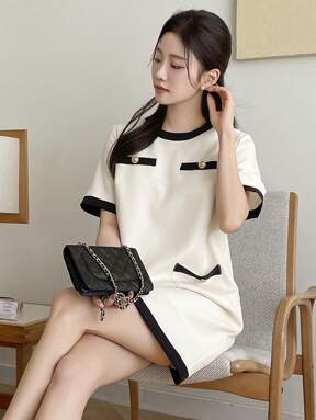 DAZY Color Block Round Neck Women's Casual Short Sleeve Mini Dress Sundress