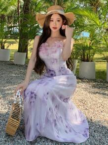 DAZY 新款春季花卉植物印花吊带连衣裙，美丽的扎染紫色，浪漫气息，适合海滩度假，女士长裙，舞会礼服，邮轮女士服装，优雅女士连衣裙，度假服装，波西米亚风女士连衣裙 - 紫色 - 查看 7