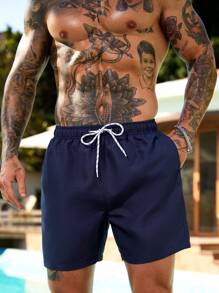 Manfinity Swimmode 男士纯色抽绳口袋沙滩短裤 - 藏蓝色 - 查看 7