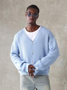 SUMWON 罗纹针织纽扣前开衫宽松舒适毛衣经典V领设计秋冬分层必备优质针织衫 - 藍色 - 查看 1