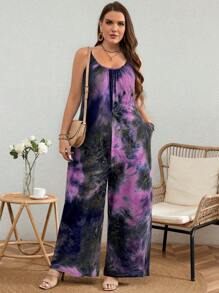SHEIN LUNE Combinaison ample décontractée avec imprimé tie-dye et poches, sans manches pour l'été, grande taille