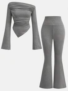Girlism Teenager Mädchen 2-teiliges Set aus Lässig Plissee Langarm Trikot Top und Schlaghose für Zuhause und draußen, Reise Outfit Flughafen