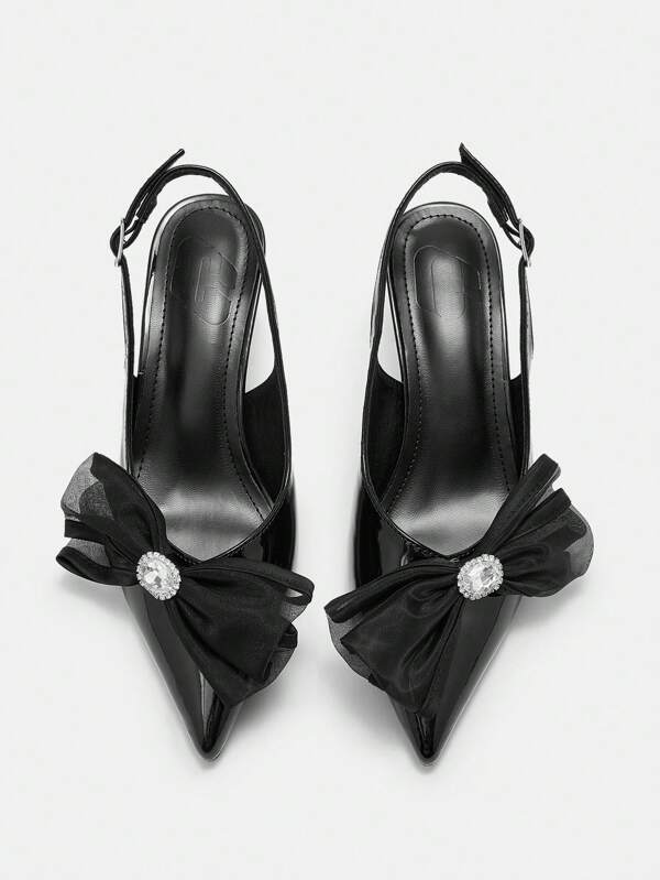 CUCCOO CURVES Plus Size Pointed Toe High Heels With Bow & 3D Flower Design, Elegant Satin Mule Sandals, Suitable For All Seasons