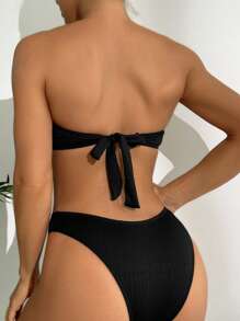 Summer Solid-Color Special Fabric Two-Piece Model Elegant Style Metal Accessory Bikini - Black - View 2