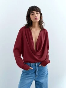 Maija 女士红色缎纹斜纹垂褶领纽扣前襟优雅休闲日常长袖衬衫，早春夏季女士外出上衣，夏季女士外出上衣 - 紅色 - 查看 5