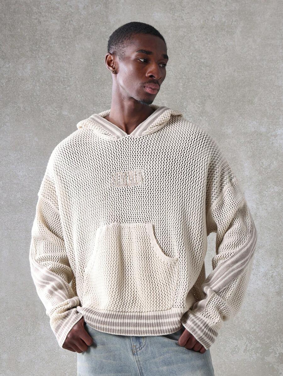 SUMWON Chunky Knit Oversized Hoodie Pullover With Centre Pocket, Cozy Winter Sweater, Casual Loungewear, Perfect For Layering And Weekend Comfort - Apricot - View 1