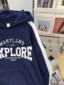 Tienermeisjes Vintage Amerikaanse Casual Oversized Hooded Sweatshirt, Colorblock Letter Grafische Pullover Hoodie Voor Sport, School, Retro/Oversized Stijl