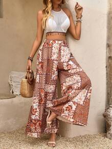 Breezaya Women's Vacation Style Braided Vest Tassel Patchwork Top And Wide Leg Pants Bohemian Loose Outfit Set - Yellow - View 6