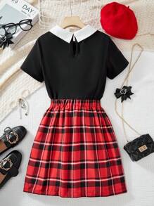 Tween Girl Casual Colorblock Collar Top And Plaid Skirt 2 Pieces Set - Black - View 2