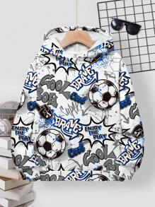 SHEIN Leap Crew 男童休闲宽松舒适嘻哈足球印花长袖卫衣，适合秋冬季穿着 - 彩色 - 查看 2