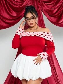 SHEIN ICON Plus Size Off Shoulder Fluffy & Heart Patchwork Long Sleeve Top , Suitable For Valentine's Day - Multicolor - View 4